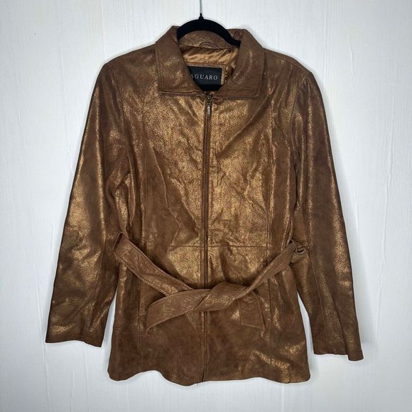 Vtg SAGUARO Shimmering Copper Brown LEATHER FULL ZIP Belted JACKET Sz M - Picture 2 of 9